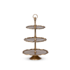 scalloped tiered server, gold tiered stand, cast aluminum server, three tier display stand, decorative dessert stand, vintage-inspired tiered tray, gold scalloped serving stand, tabletop centerpiece stand, tiered decor display, neutral metallic server
