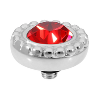 Decorative knob with a red gemstone and silver accents on a white background