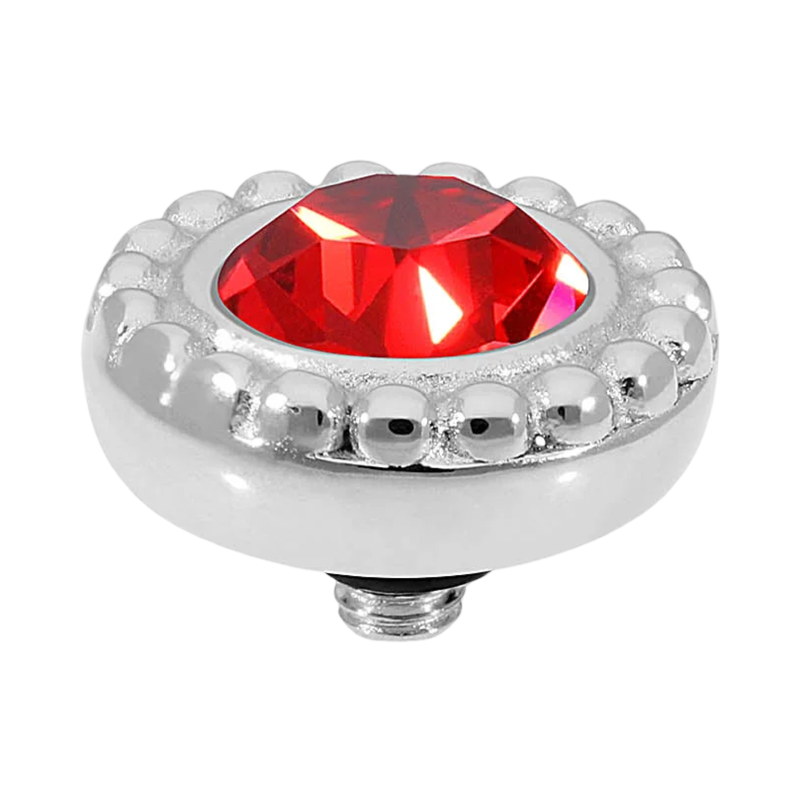 Decorative knob with a red gemstone and silver accents on a white background