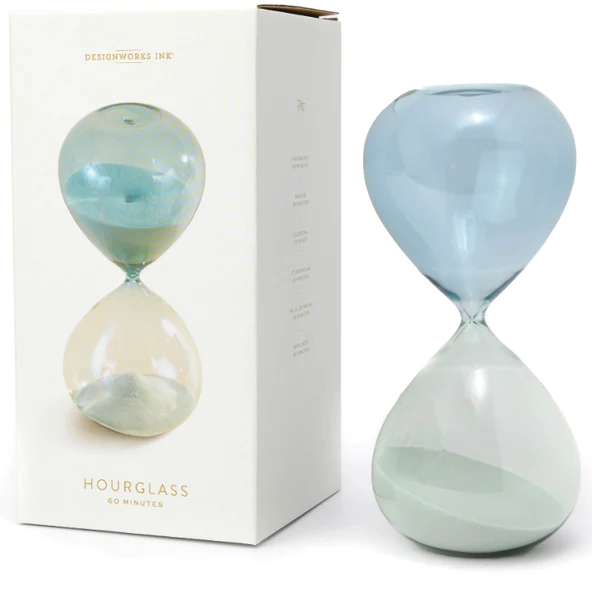 sea-glass hourglass, 60 minute glass timer, decorative ombre hourglass, blue sand timer, home decor timer, DesignWorks Ink hourglass, hourglass for meditation, giftable hourglass, kitchen timer decor, modern glass hourglass