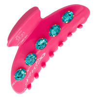 Pink hair clip with blue gemstones on a white background