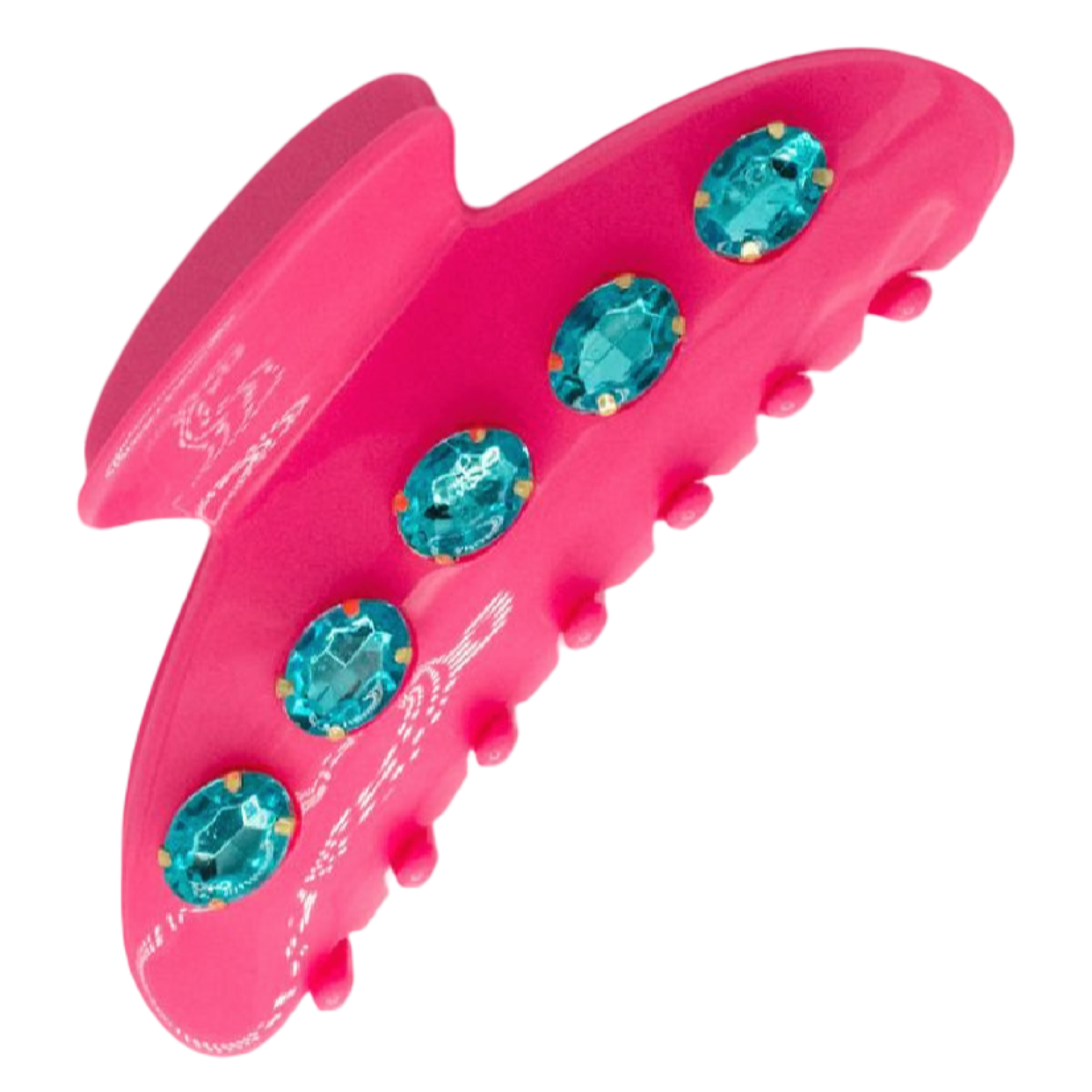 Pink hair clip with blue gemstones on a white background