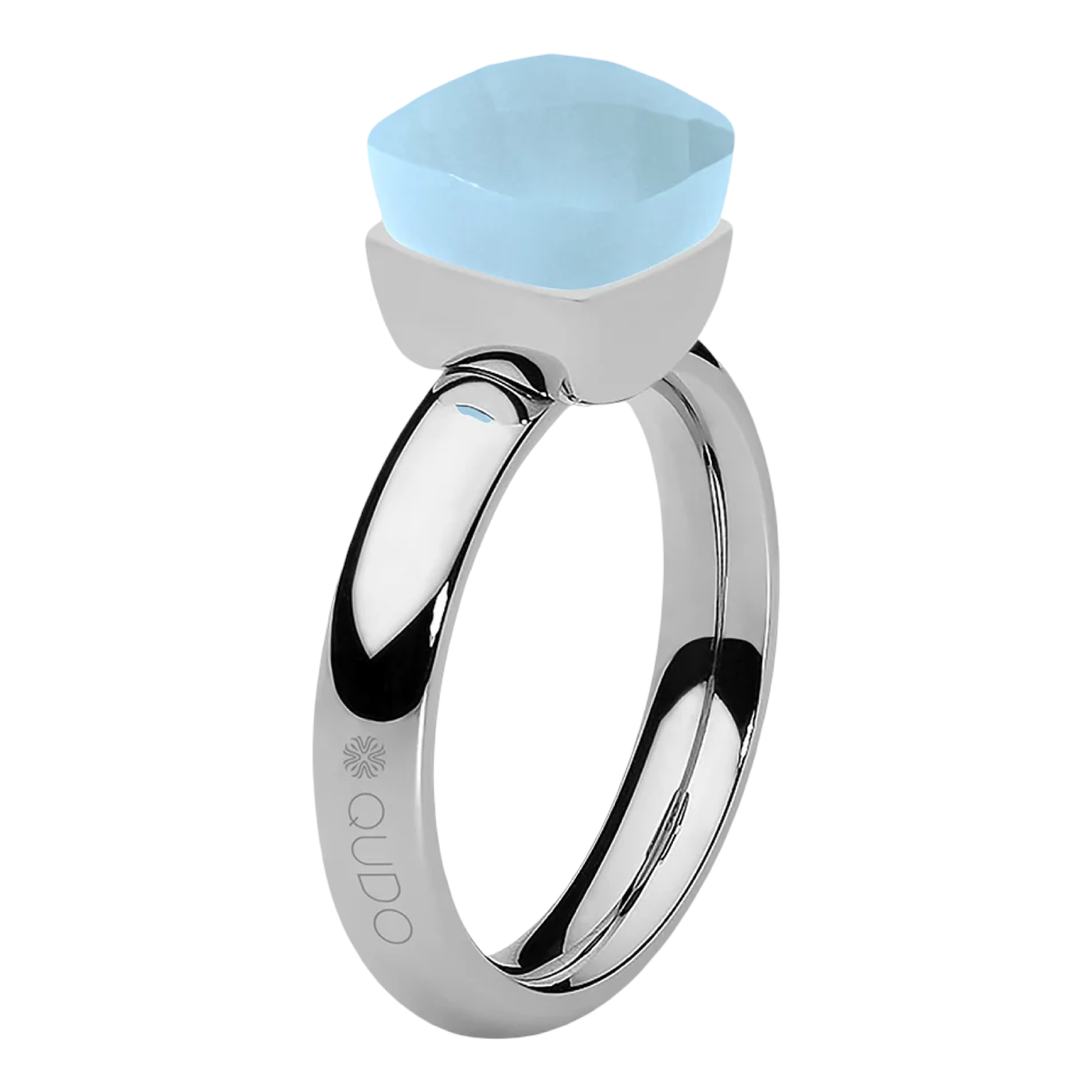 Silver ring with a light blue gemstone on a white background