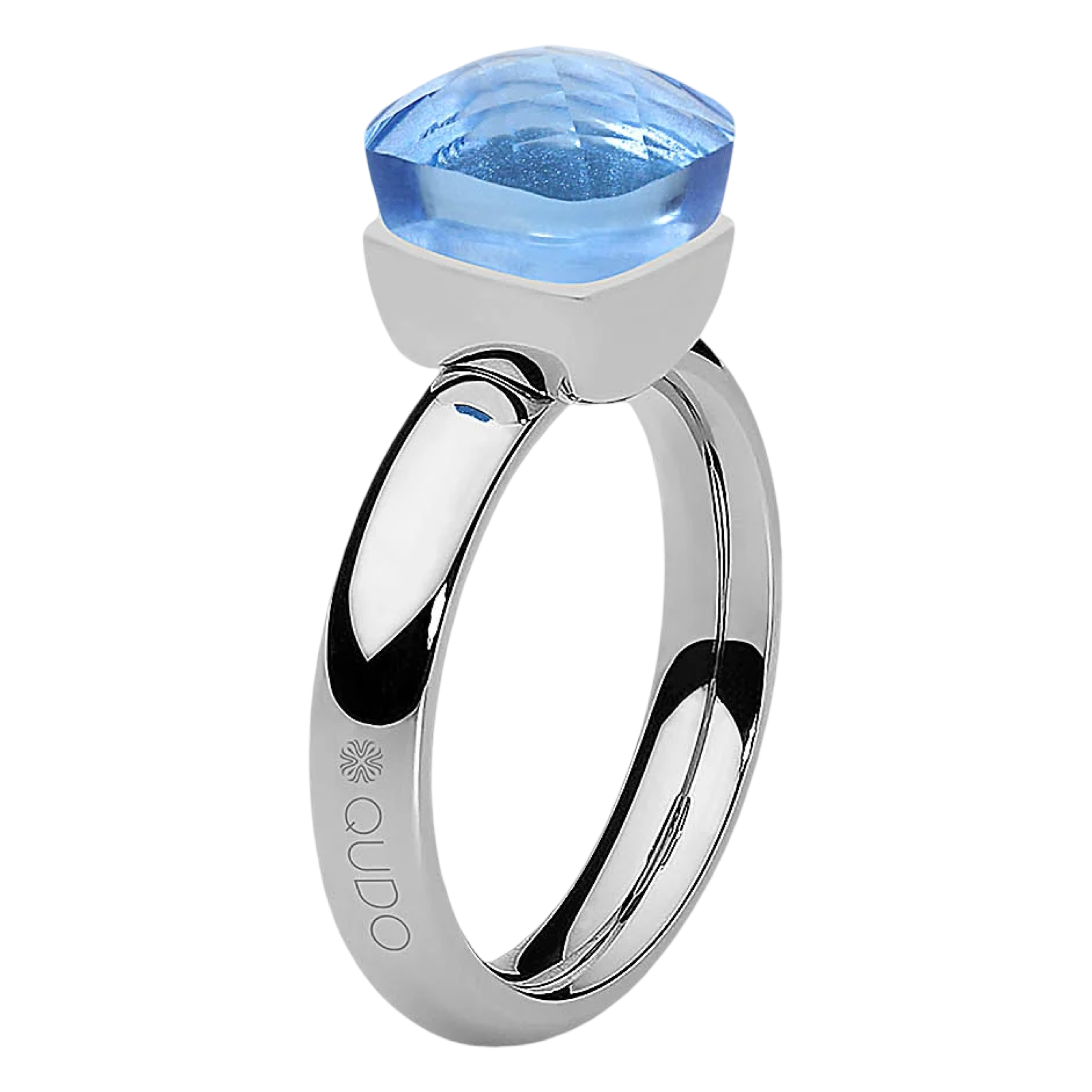 Silver ring with a blue gemstone on a white background
