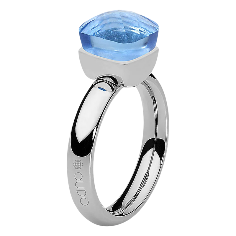 Silver ring with a blue gemstone on a white background