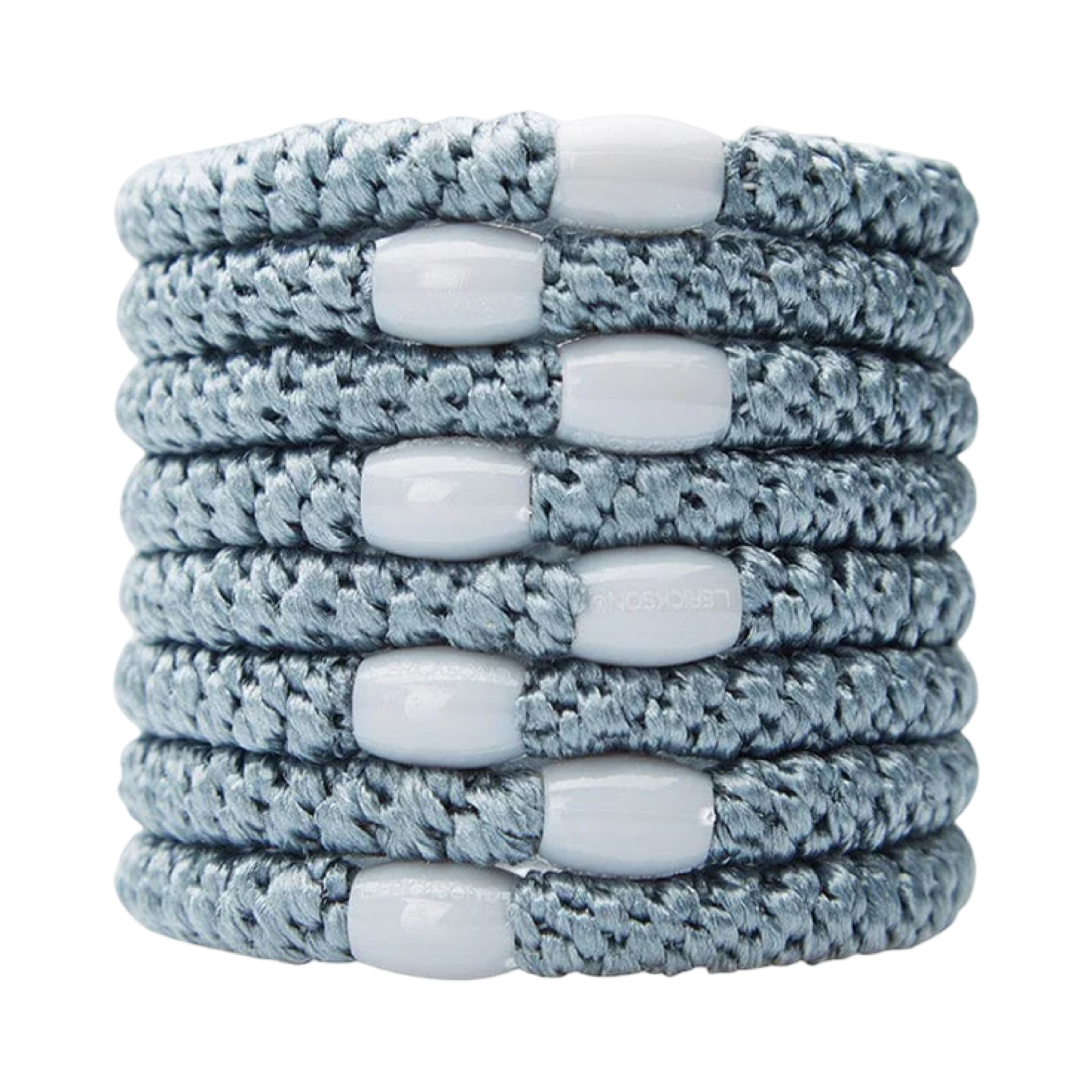 Stack of gray braided bracelets with white beads on a white background