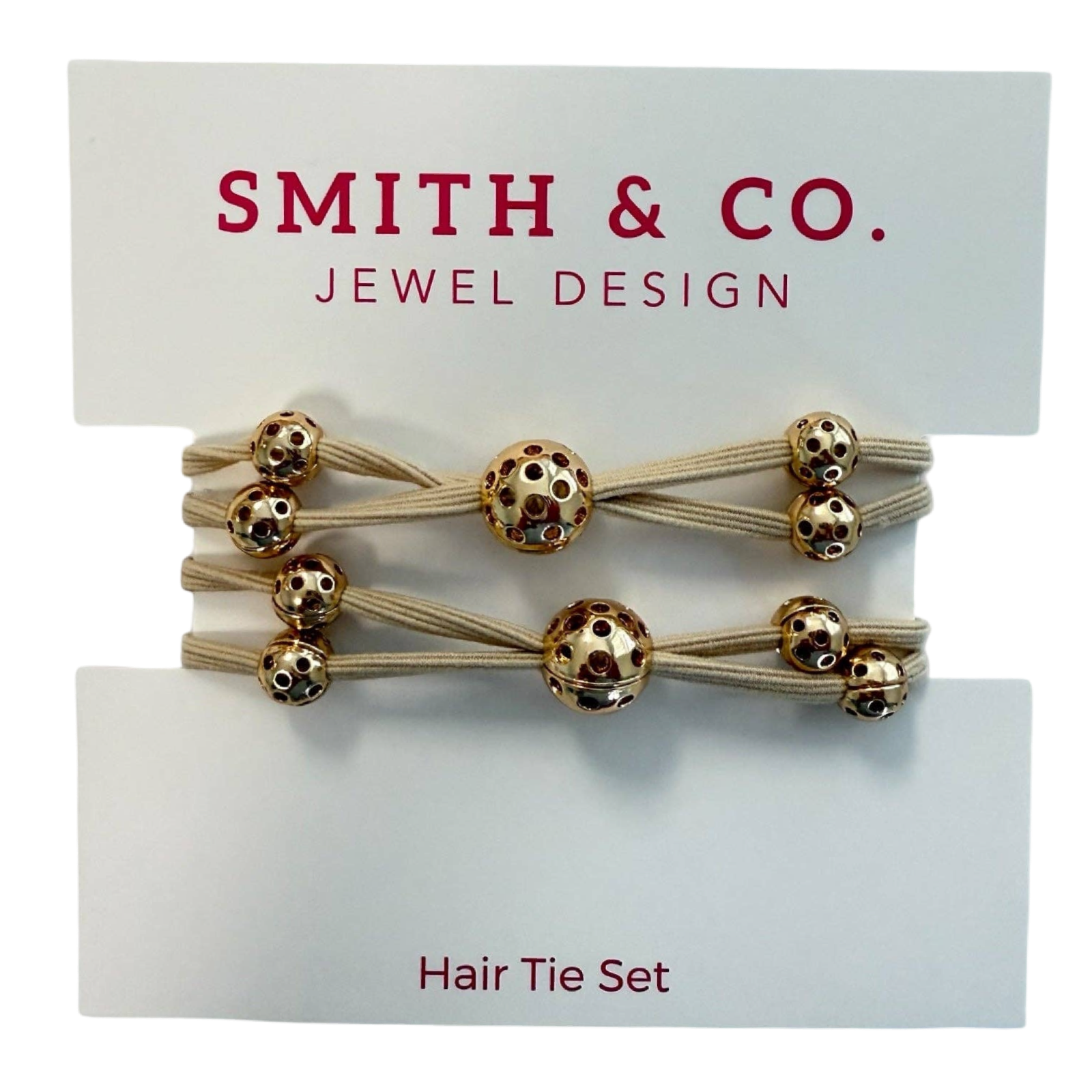 Set of hair ties with gold beads on a 'Smith & Co. Jewel Design' card.