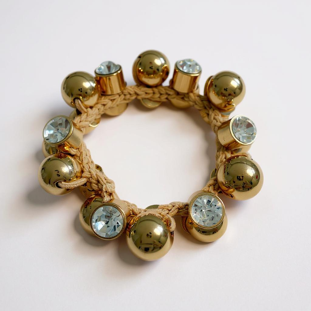 Bracelet with gold beads and crystal-like stones on a light pink background