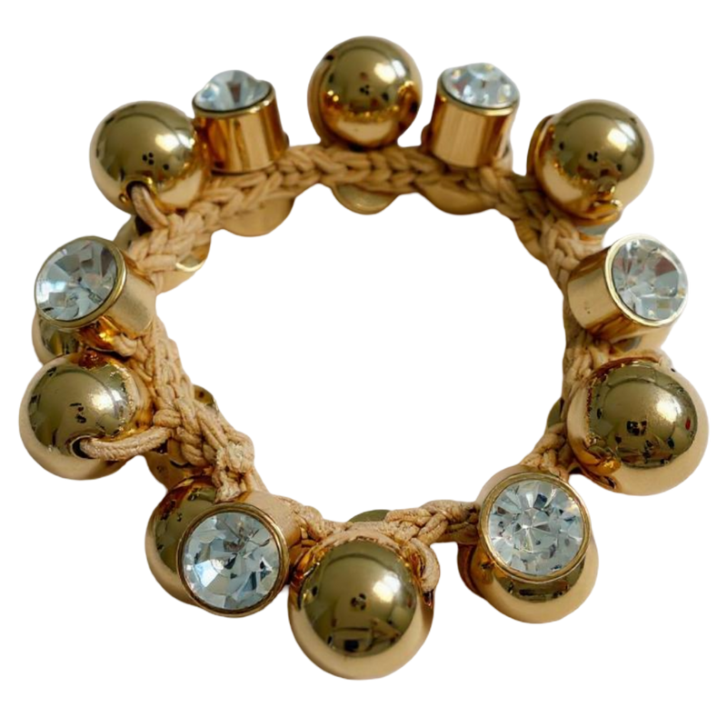 smith and co chunky scrunchie, cream scrunchie with rhinestones, sparkly hair scrunchie, glam hair accessories, gold ball scrunchie, crystal rhinestone scrunchie, statement hair tie, cream and gold scrunchie