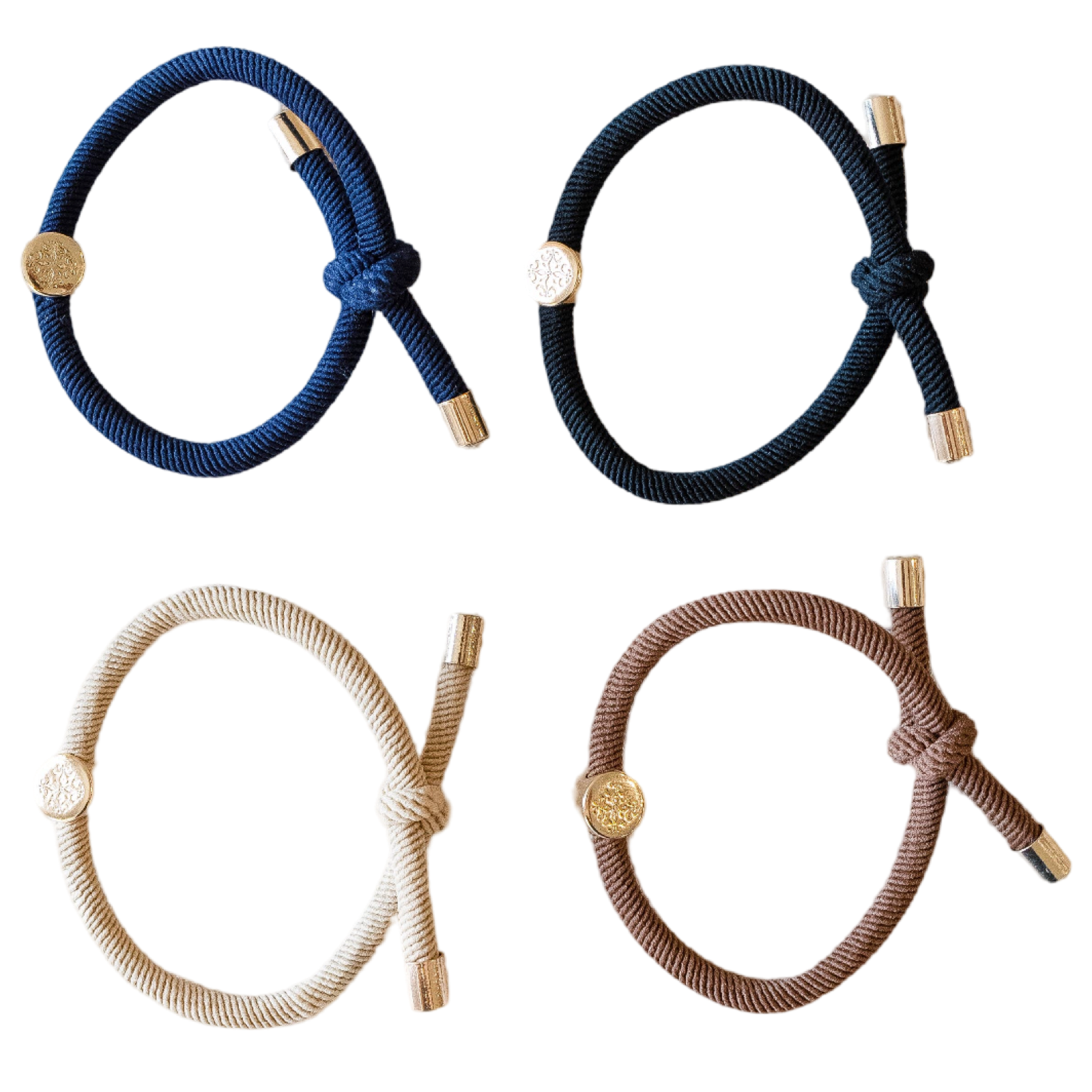 Four braided hair ties in blue, black, beige, and brown on a white background.