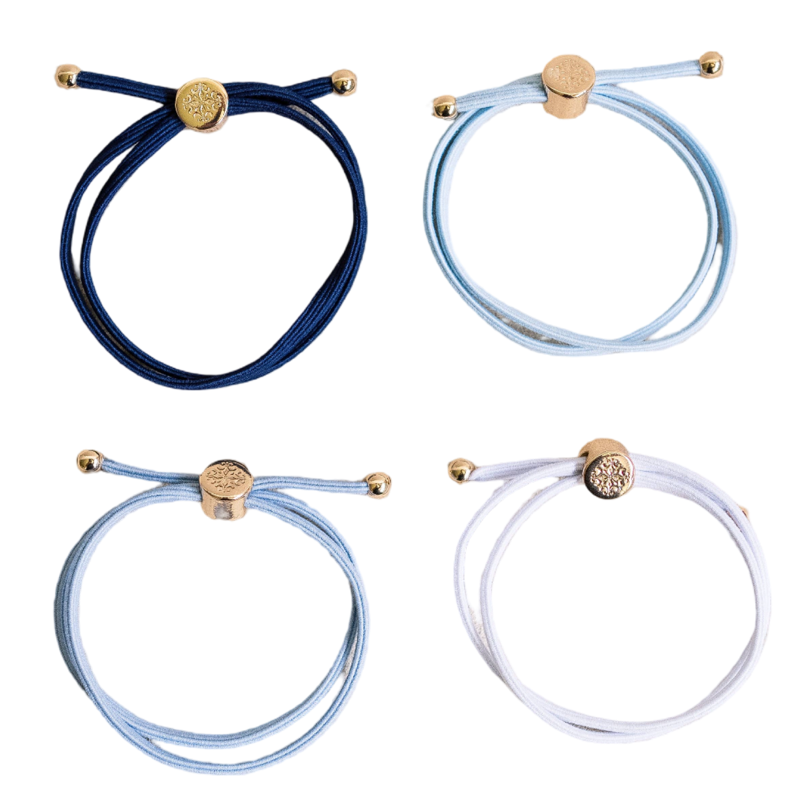 Four bracelets in blue, white, and gold on a white background
