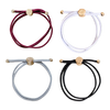 Four bracelets in red, white, gray, and black with gold accents on a white background