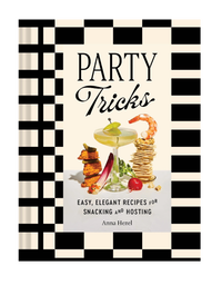 Book cover of 'Party Tricks' with black and white checkered border and food illustrations.