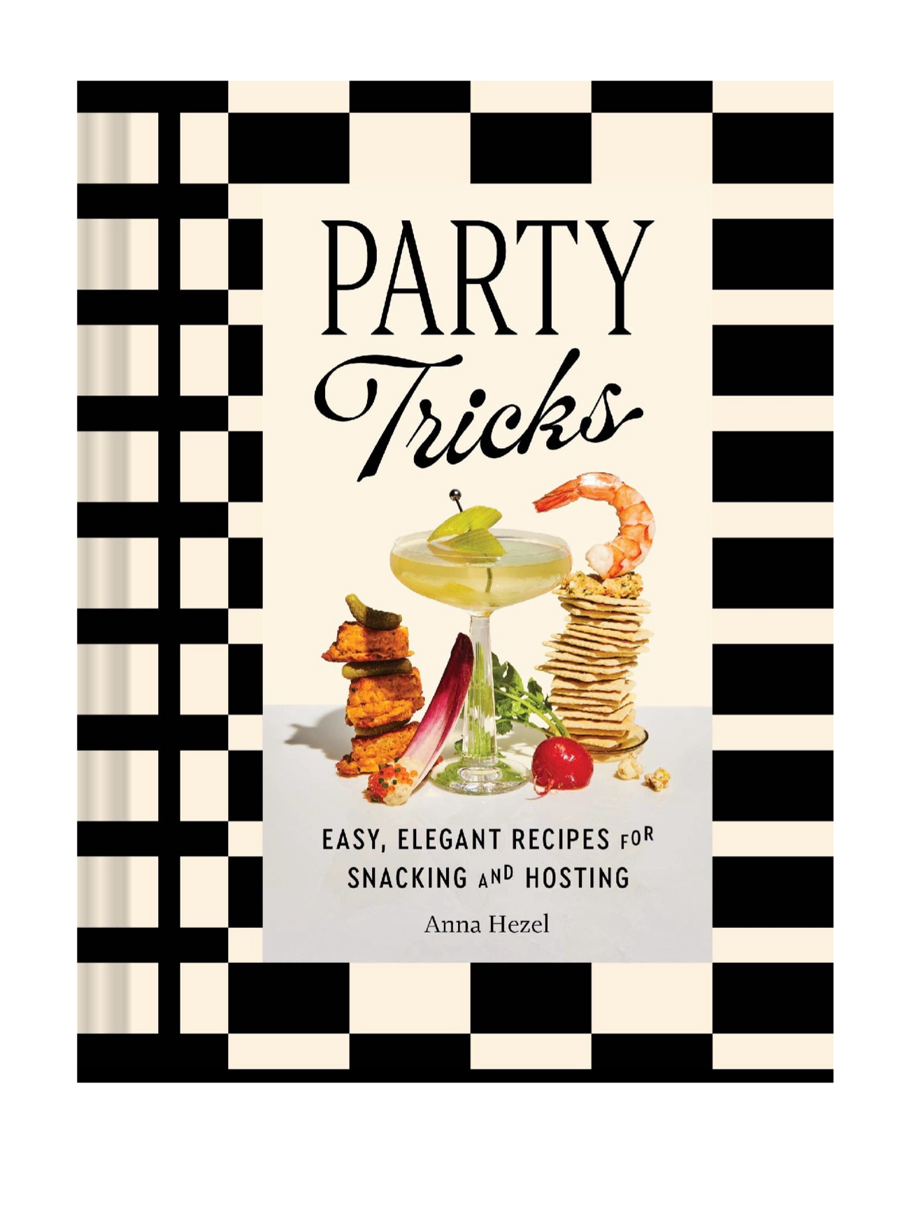 Book cover of 'Party Tricks' with black and white checkered border and food illustrations.