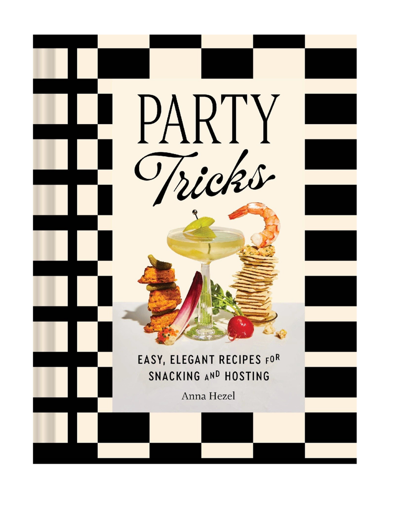 Book cover of 'Party Tricks' with black and white checkered border and food illustrations.