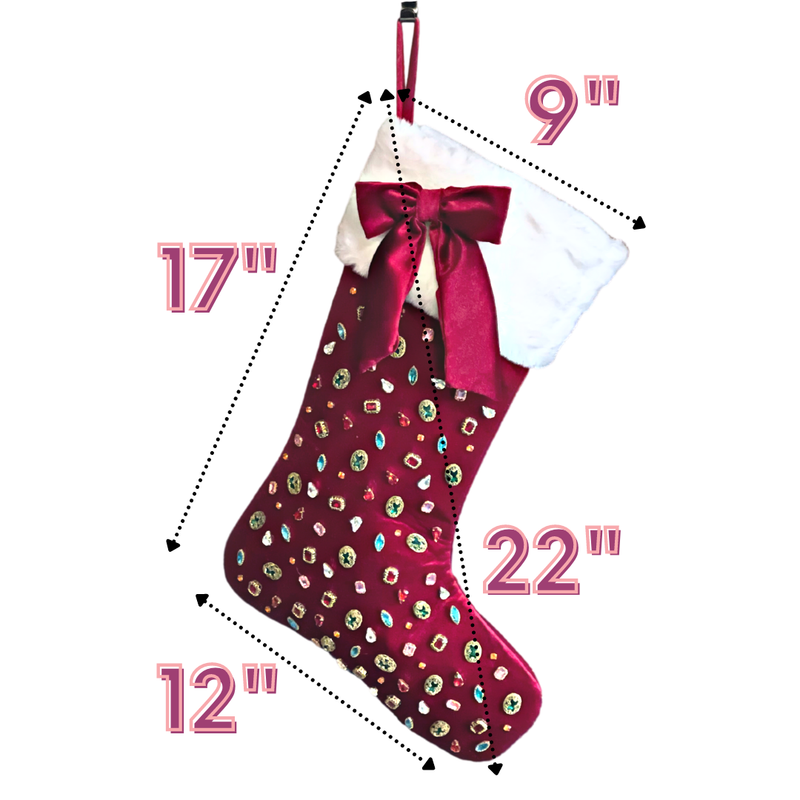 Berry Velvet Christmas Stocking with Crystals and Bow