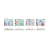 Set of six decorative coasters with floral and nature-themed designs on a white background
