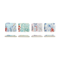 Set of six decorative coasters with floral and nature-themed designs on a white background
