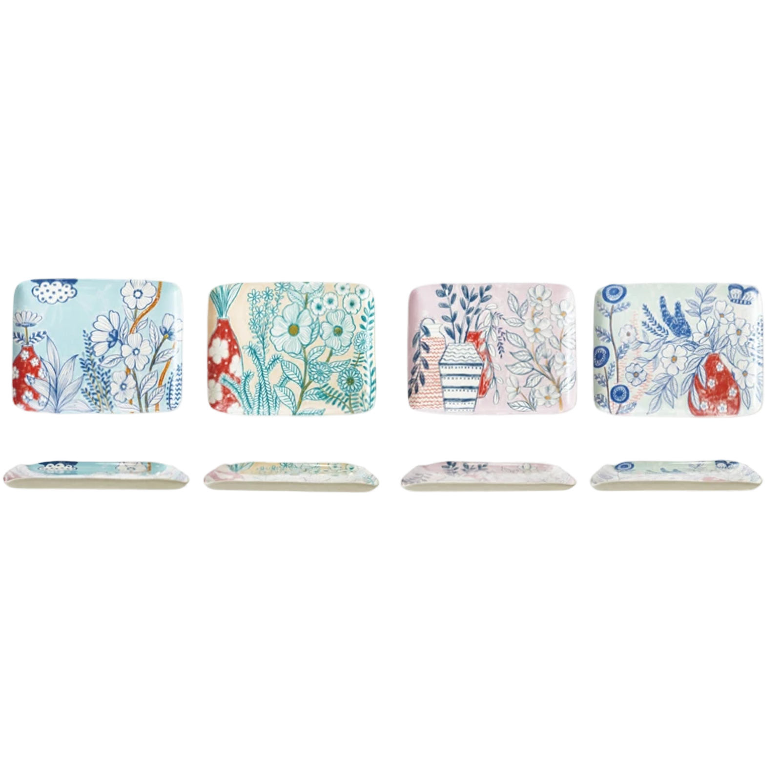 Set of decorative plates with floral and nature-themed designs on a white background
