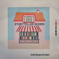 storyteller stitchery kit, bookstore needlepoint kit, modern needlepoint design, large needlepoint project, beginner friendly needlepoint, hand dyed thread kit, diy stitching kit, frame ready embroidery