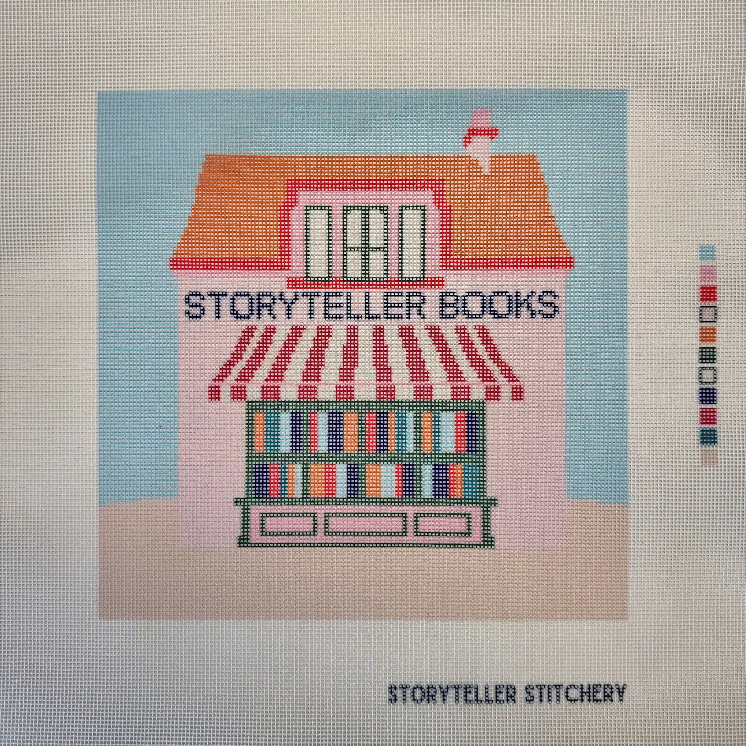 storyteller stitchery kit, bookstore needlepoint kit, modern needlepoint design, large needlepoint project, beginner friendly needlepoint, hand dyed thread kit, diy stitching kit, frame ready embroidery