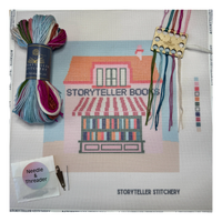 storyteller stitchery kit, bookstore needlepoint kit, modern needlepoint design, large needlepoint project, beginner friendly needlepoint, hand dyed thread kit, diy stitching kit, frame ready embroidery