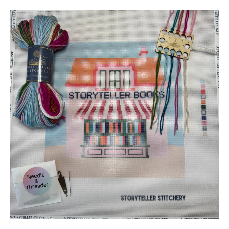 storyteller stitchery kit, bookstore needlepoint kit, modern needlepoint design, large needlepoint project, beginner friendly needlepoint, hand dyed thread kit, diy stitching kit, frame ready embroidery