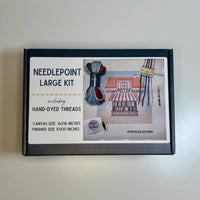 storyteller stitchery kit, bookstore needlepoint kit, modern needlepoint design, large needlepoint project, beginner friendly needlepoint, hand dyed thread kit, diy stitching kit, frame ready embroidery