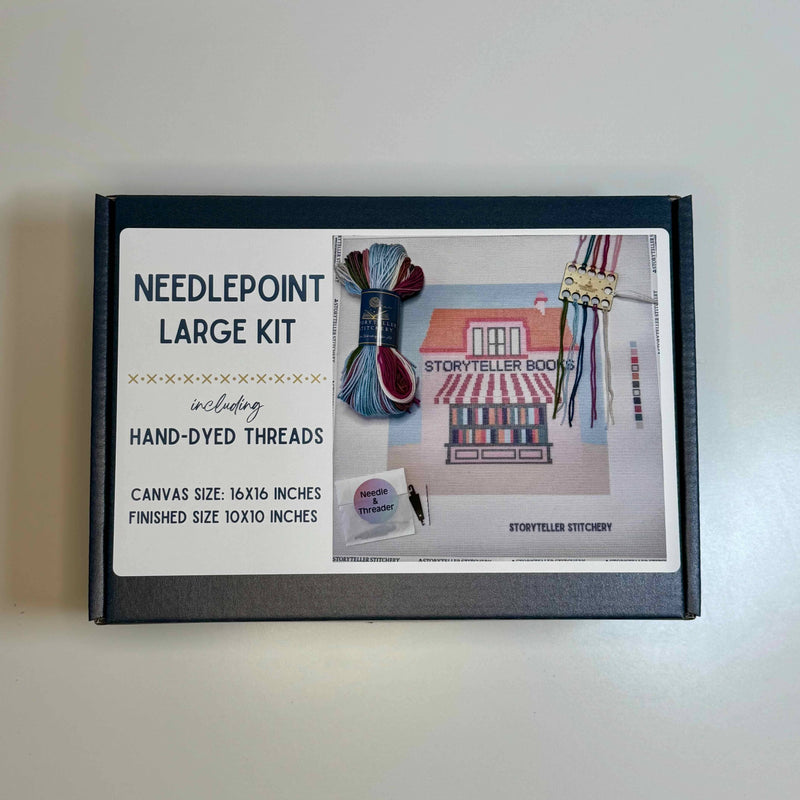 storyteller stitchery kit, bookstore needlepoint kit, modern needlepoint design, large needlepoint project, beginner friendly needlepoint, hand dyed thread kit, diy stitching kit, frame ready embroidery