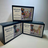Three needlepoint kits with colorful designs on a white background