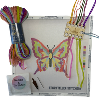 storyteller stitchery kit, butterfly needlepoint kit, modern needlepoint design, beginner needlepoint kit, hand dyed thread kit, diy stitching kit, small needlepoint project, frame ready embroidery