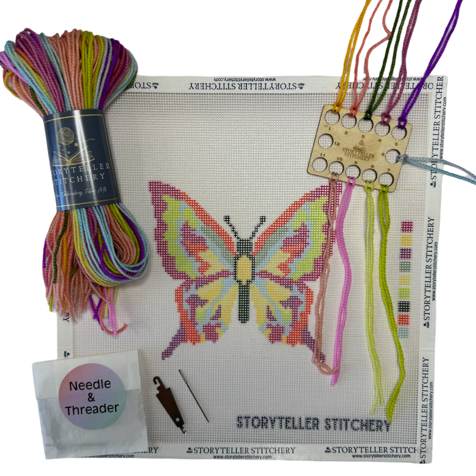 storyteller stitchery kit, butterfly needlepoint kit, modern needlepoint design, beginner needlepoint kit, hand dyed thread kit, diy stitching kit, small needlepoint project, frame ready embroidery