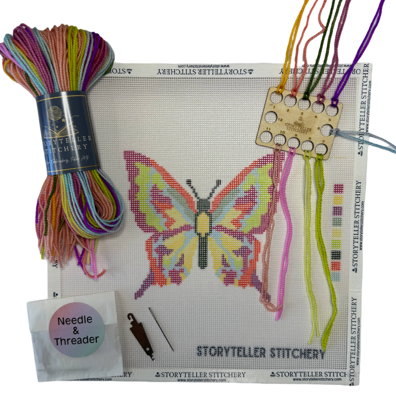 storyteller stitchery kit, butterfly needlepoint kit, modern needlepoint design, beginner needlepoint kit, hand dyed thread kit, diy stitching kit, small needlepoint project, frame ready embroidery