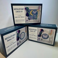 storyteller stitchery kit, midnight garden needlepoint, modern needlepoint kit, hand dyed wool thread kit, beginner friendly needlepoint, diy needlepoint art, stitchery craft kit, frame ready needlepoint design
