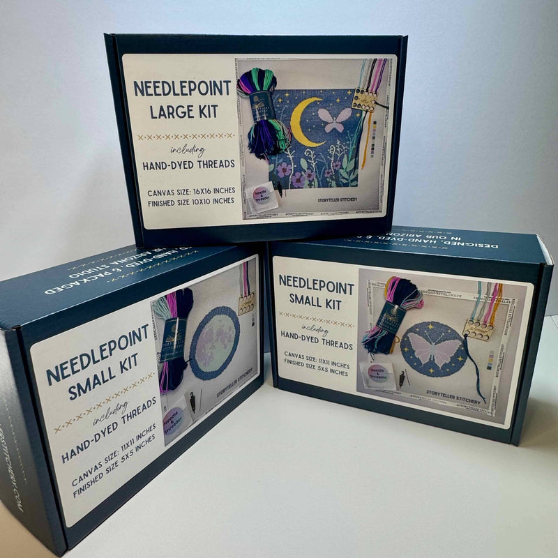 storyteller stitchery kit, midnight garden needlepoint, modern needlepoint kit, hand dyed wool thread kit, beginner friendly needlepoint, diy needlepoint art, stitchery craft kit, frame ready needlepoint design