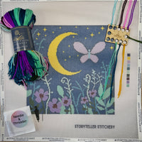 storyteller stitchery kit, midnight garden needlepoint, modern needlepoint kit, hand dyed wool thread kit, beginner friendly needlepoint, diy needlepoint art, stitchery craft kit, frame ready needlepoint design