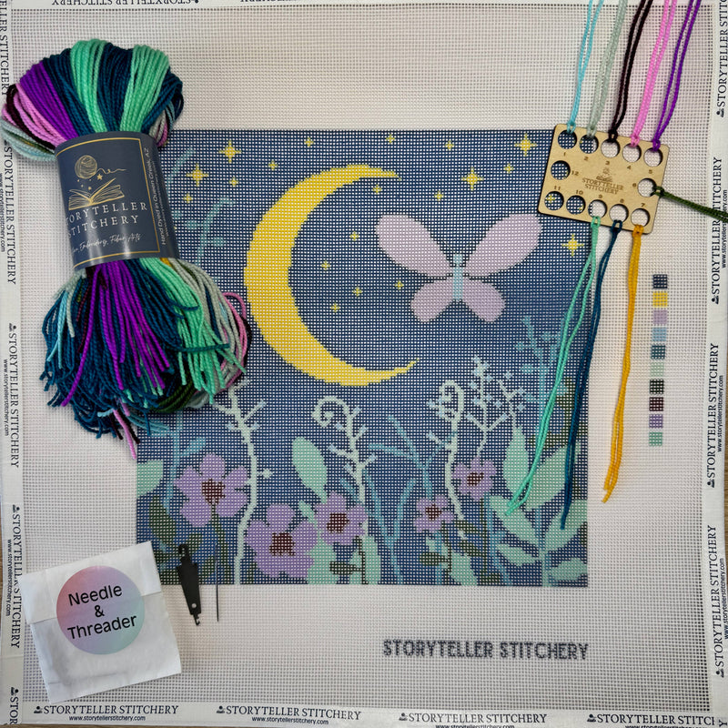 storyteller stitchery kit, midnight garden needlepoint, modern needlepoint kit, hand dyed wool thread kit, beginner friendly needlepoint, diy needlepoint art, stitchery craft kit, frame ready needlepoint design