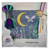 storyteller stitchery kit, midnight garden needlepoint, modern needlepoint kit, hand dyed wool thread kit, beginner friendly needlepoint, diy needlepoint art, stitchery craft kit, frame ready needlepoint design