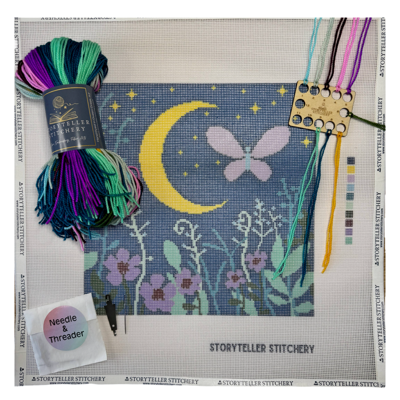 storyteller stitchery kit, midnight garden needlepoint, modern needlepoint kit, hand dyed wool thread kit, beginner friendly needlepoint, diy needlepoint art, stitchery craft kit, frame ready needlepoint design