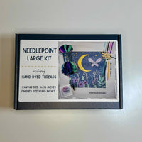 storyteller stitchery kit, midnight garden needlepoint, modern needlepoint kit, hand dyed wool thread kit, beginner friendly needlepoint, diy needlepoint art, stitchery craft kit, frame ready needlepoint design