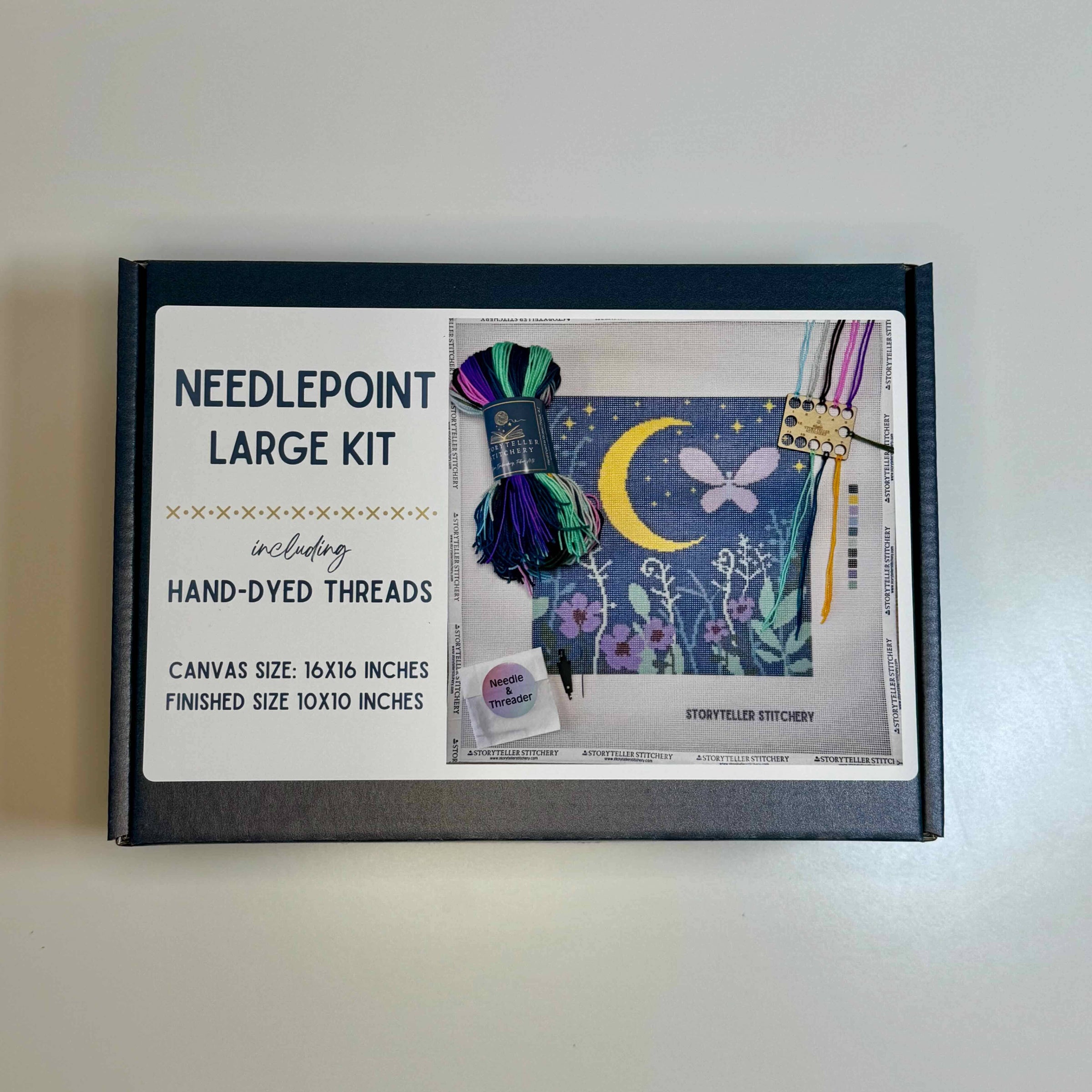 storyteller stitchery kit, midnight garden needlepoint, modern needlepoint kit, hand dyed wool thread kit, beginner friendly needlepoint, diy needlepoint art, stitchery craft kit, frame ready needlepoint design
