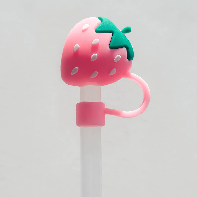 strawberry straw topper, silicone straw cap, reusable straw cover, cute drink accessories, kids straw topper, outdoor drink lid, tumbler straw cap, silicone drink cover, fun straw accessory, reusable straw charm