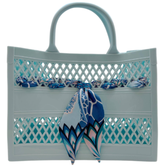 summer tote bag, beach-ready cut-out bag, small summer tote, tote bag with scarf, colorful beach bag, easy-to-clean tote, vacation tote bag, lightweight summer purse, pool day bag, trendy mini tote
