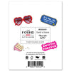 Back of a card with heart-shaped sunglasses, stickers, and branding elements.