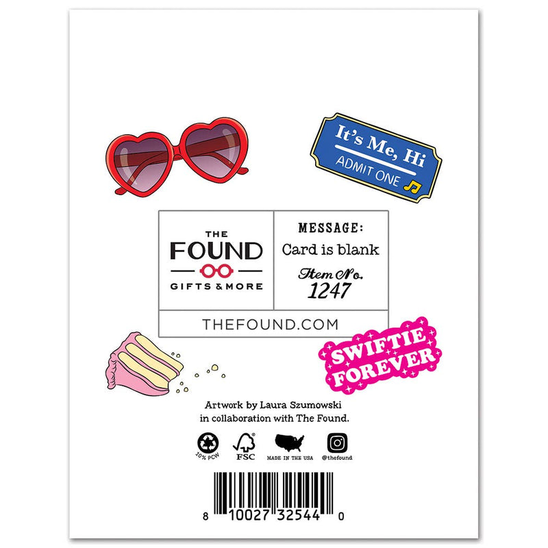 Back of a card with heart-shaped sunglasses, stickers, and branding elements.