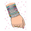 Hand wearing multiple colorful bracelets with text on a white background with pink stars