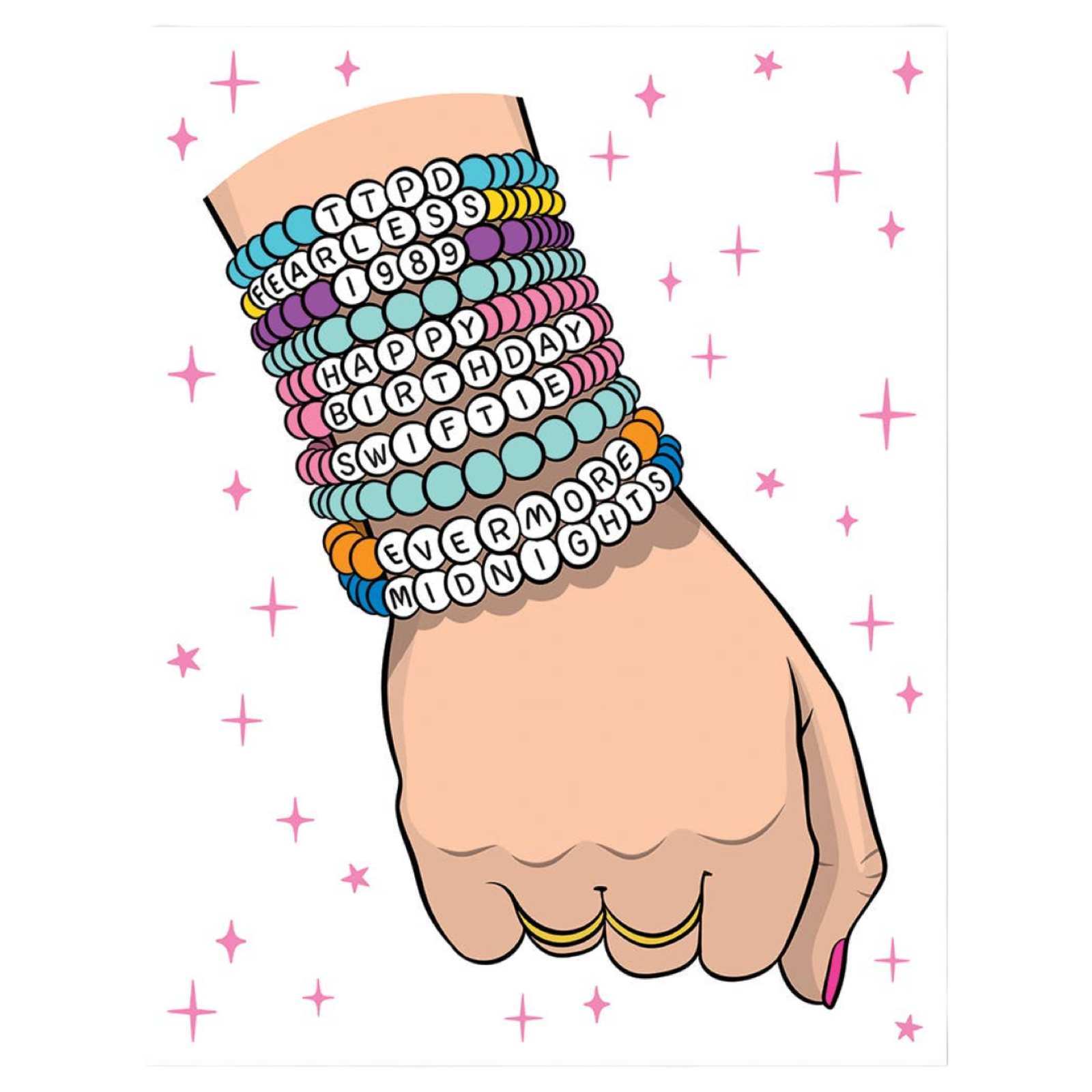 Hand wearing multiple colorful bracelets with text on a white background with pink stars