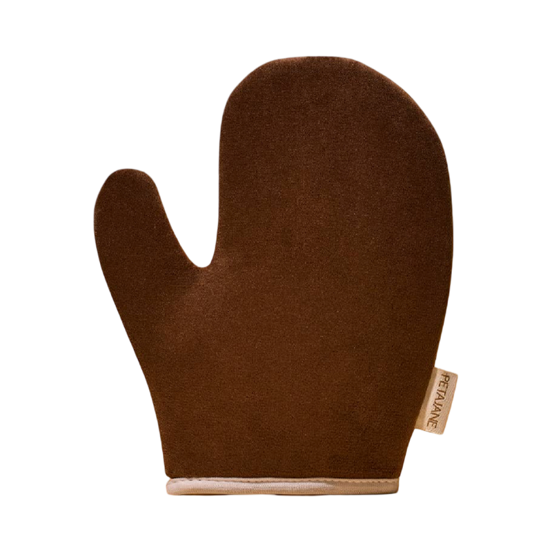 Brown oven mitt with a beige rim on a white background