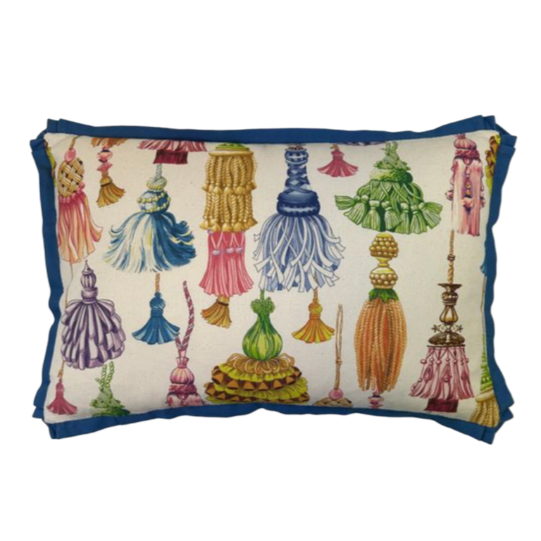 Decorative pillow with colorful lampshade pattern on a white background