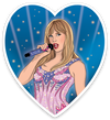 Illustration of a woman holding a microphone inside a heart-shaped border with a blue background.